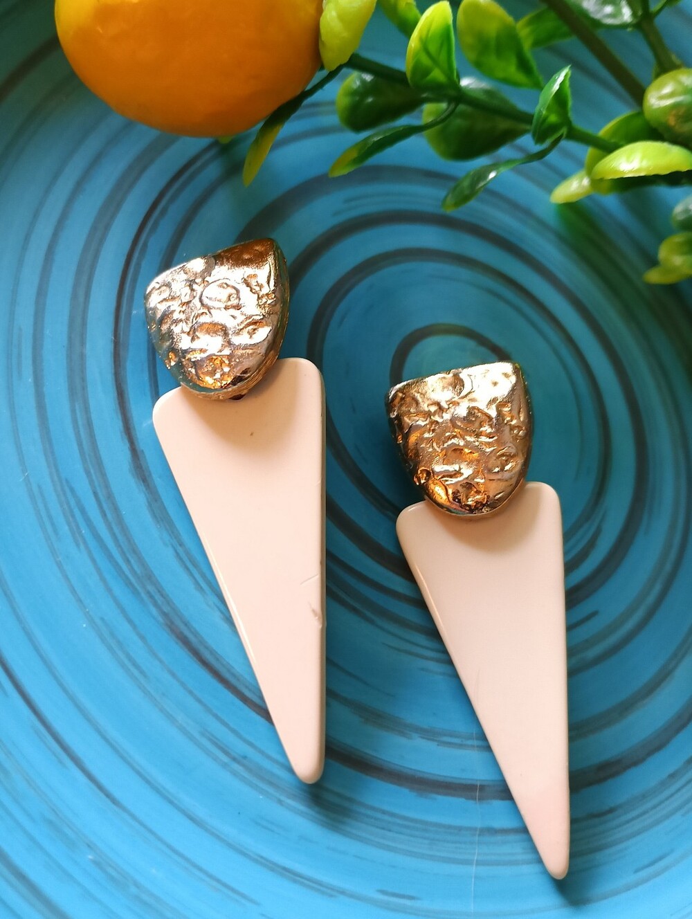 Vintage Textured Gold & Cream Geometric Drop Post Earrings (2 1/4" x 3/4"L)